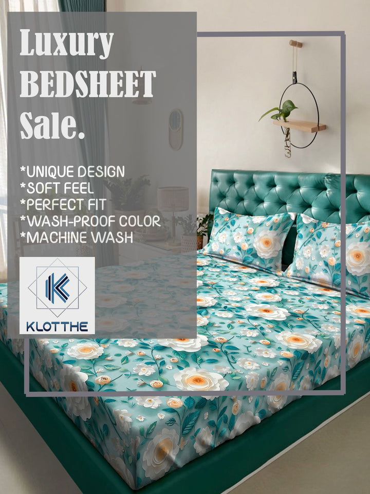 KLOTTHE Turquoise Blue Floral Printed Dilengkapi 300 TC King 7D Cadar Dengan 2 Sarung Bantal
