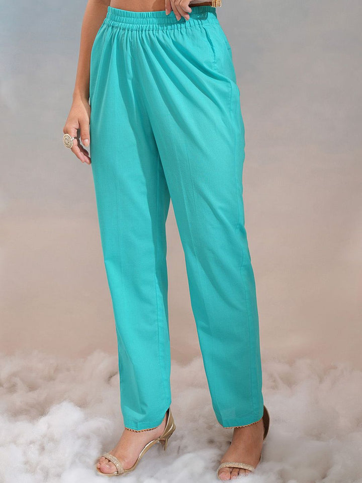 Vishudh Blue Floral Embroidered Sweetheart Neck Pure Cotton Kurta With Trousers & Dupatta