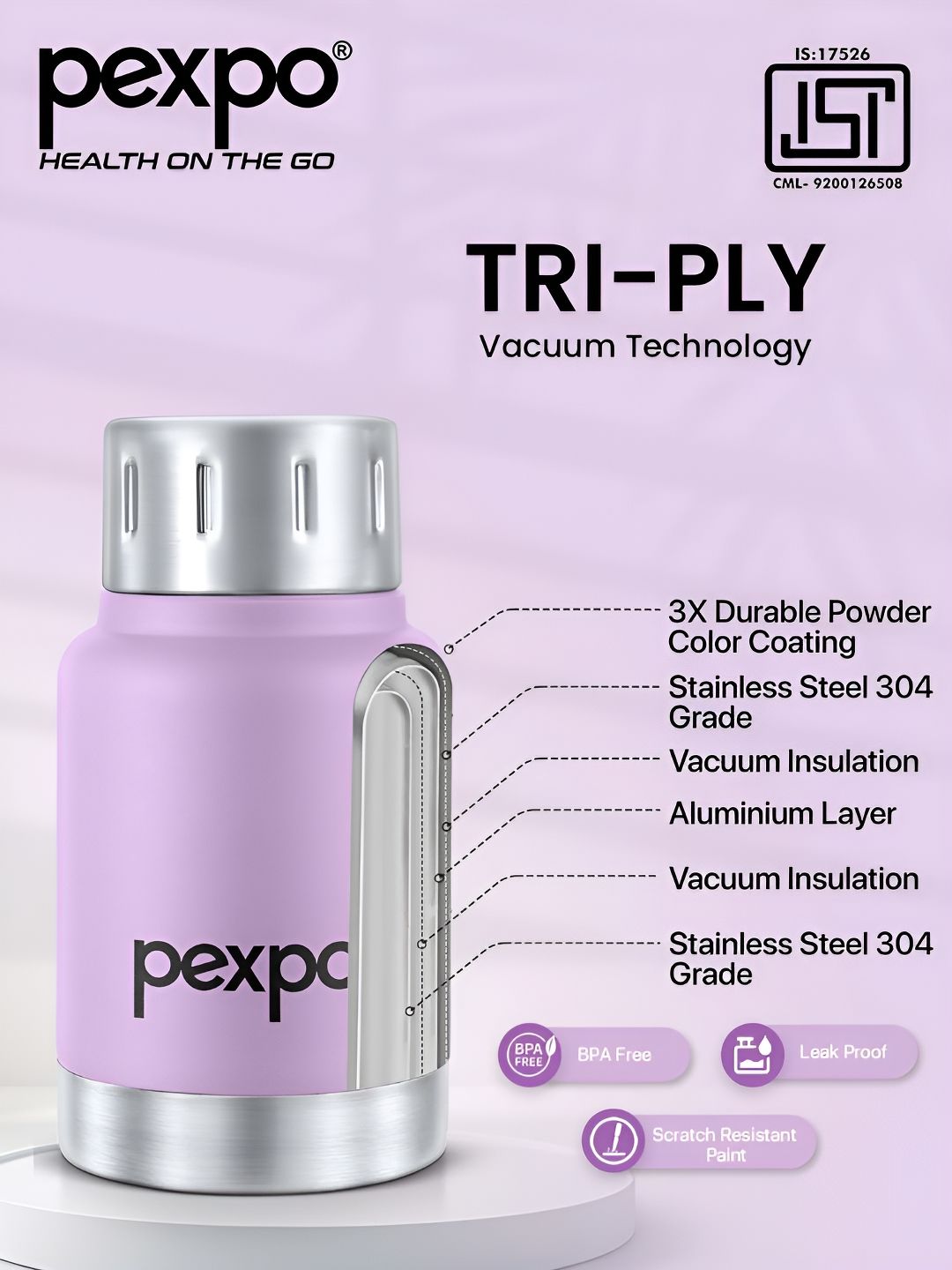 Pexpo Cameo Orchid Purple Thermosteel Hot & Cold Upto 6 Hrs Insulated Water Bottle 160ml