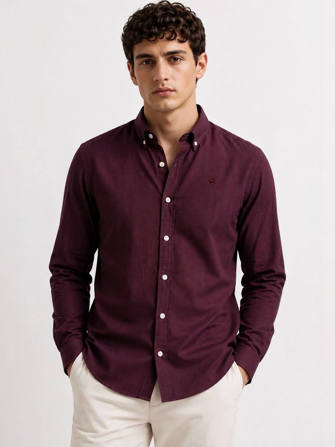 ADRO Men Maroon Striped Regular Fit Casual Cotton Shirt