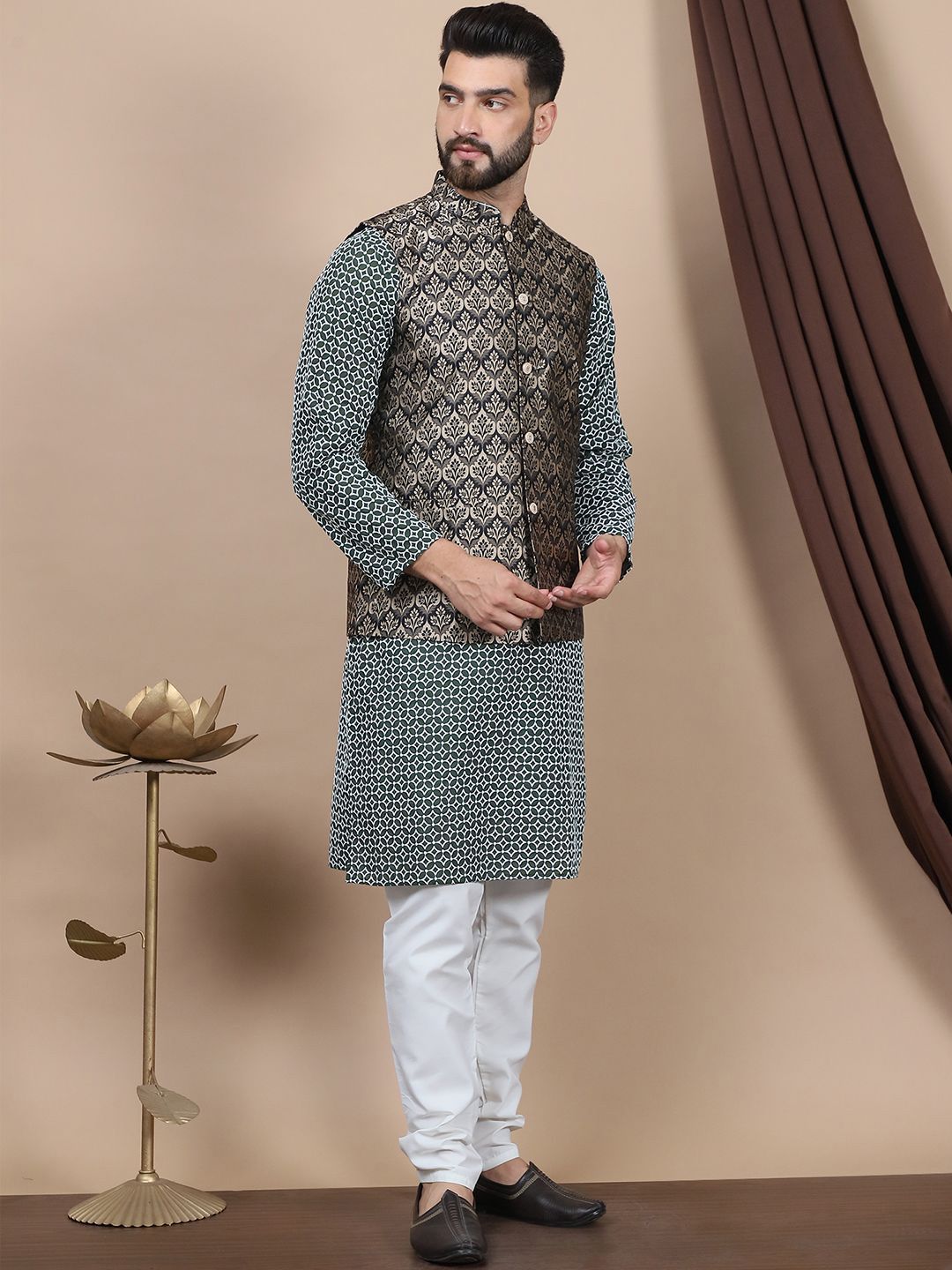 Anouk Embroidered Regular Pure Cotton Straight Kurta With Churidar & Nehru Jacket