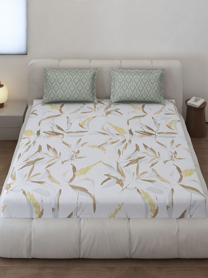 Monte Carlo Stanley White & Olive Green Printed 144 TC King Bedsheet Set 1.85 m x 1.95 m