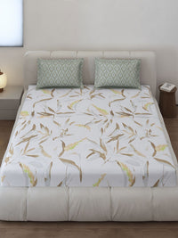 Monte Carlo Stanley White & Olive Green Printed 144 TC King Bedsheet Set 1.85 m x 1.95 m
