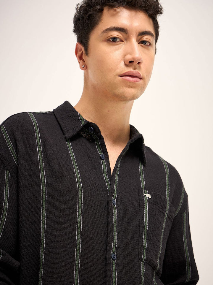 THE BEAR HOUSE Men Spread Collar Vertical Striped Pure Cotton Relaxed Fit Casual Shirt