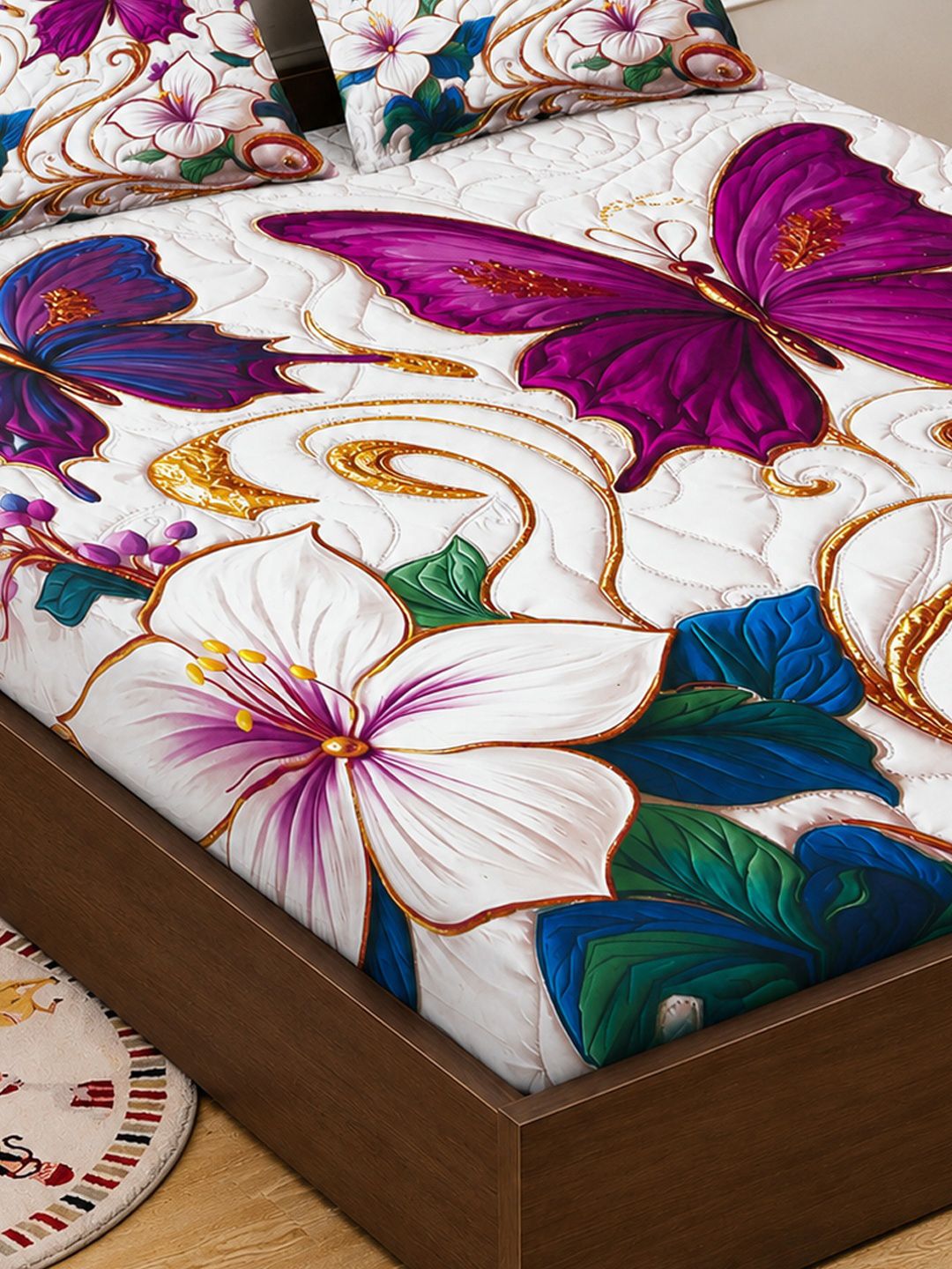 Myntra Elegant Homes Multicoloured Floral 400 TC King 7D Bedsheet with 2 Pillow Covers