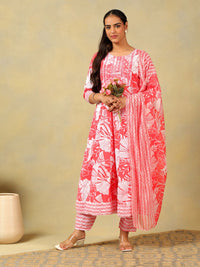 Mamicha Women Floral Printed Regular Mirror Work Pure Cotton Kurta with Trousers & With Dupatta