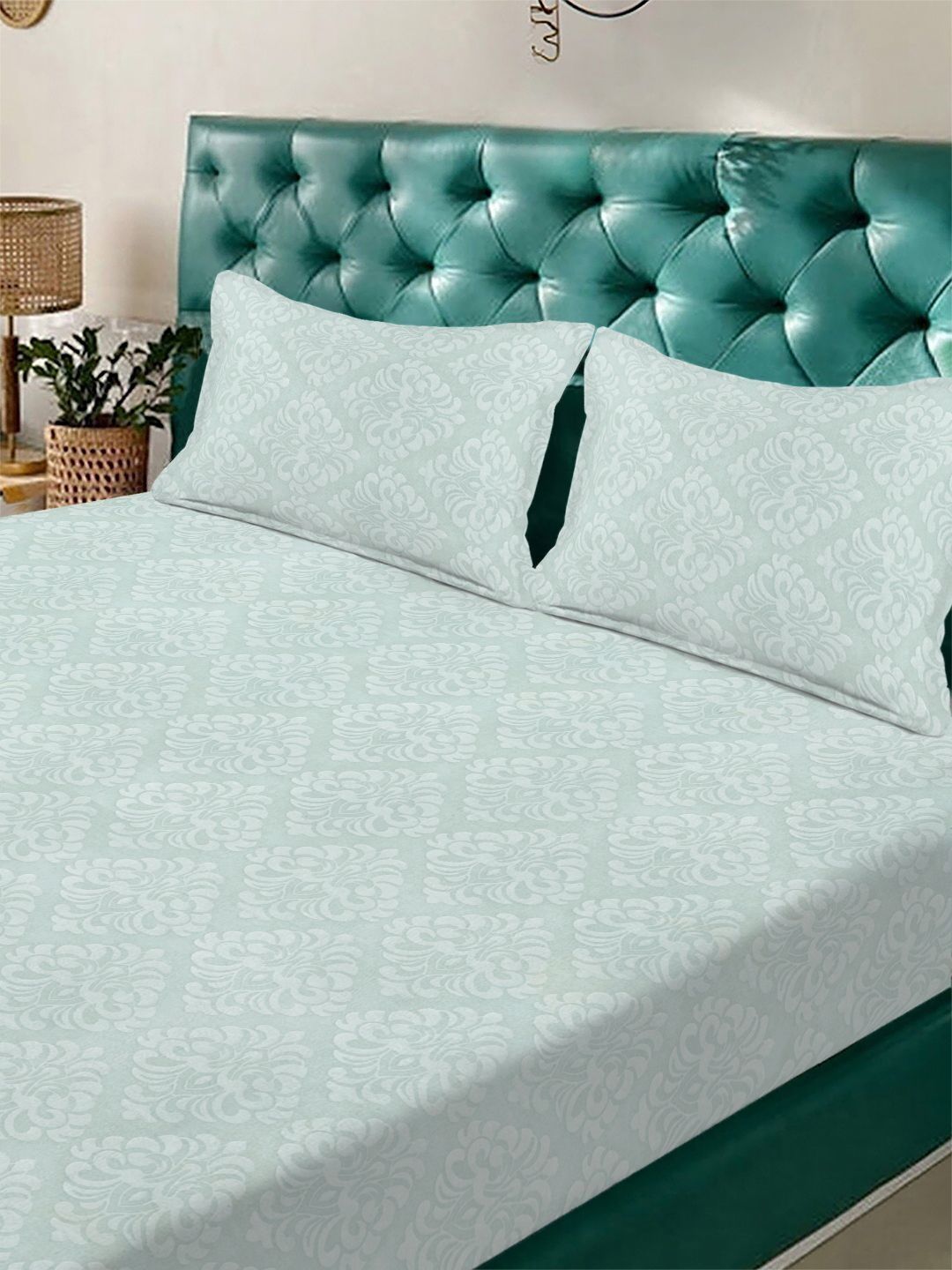 KLOTTHE Green Embossed Fitted 300 TC King Bedsheet With 2 Pillow Cover- 2.5 m x 2.25 m