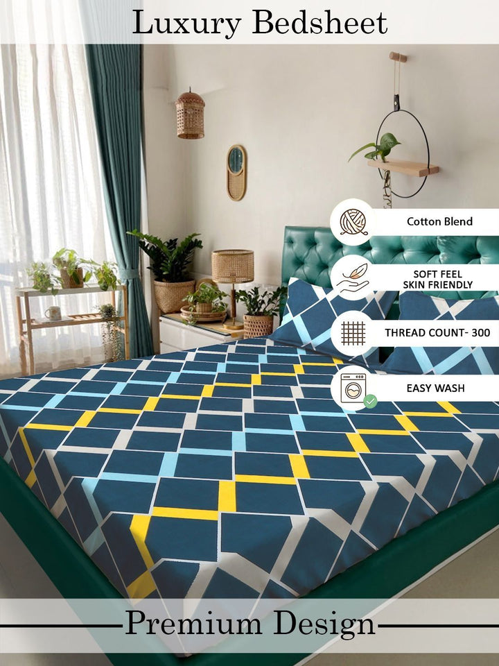 Myntra Elegant Homes Blue & Yellow Geometric 300 TC King Bedsheet with 2 Pillow Covers