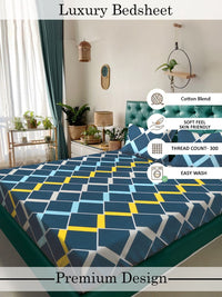 Myntra Elegant Homes Blue & Yellow Geometric 300 TC King Bedsheet with 2 Pillow Covers