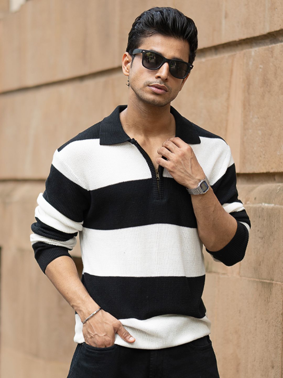 Powerlook Men Striped Polo Collar Cotton T-shirt