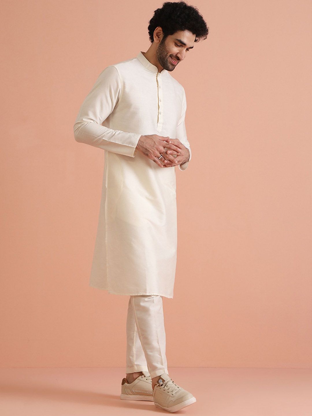 KISAH Men Mandarin Collar Regular Solid Kurta Trouser Set