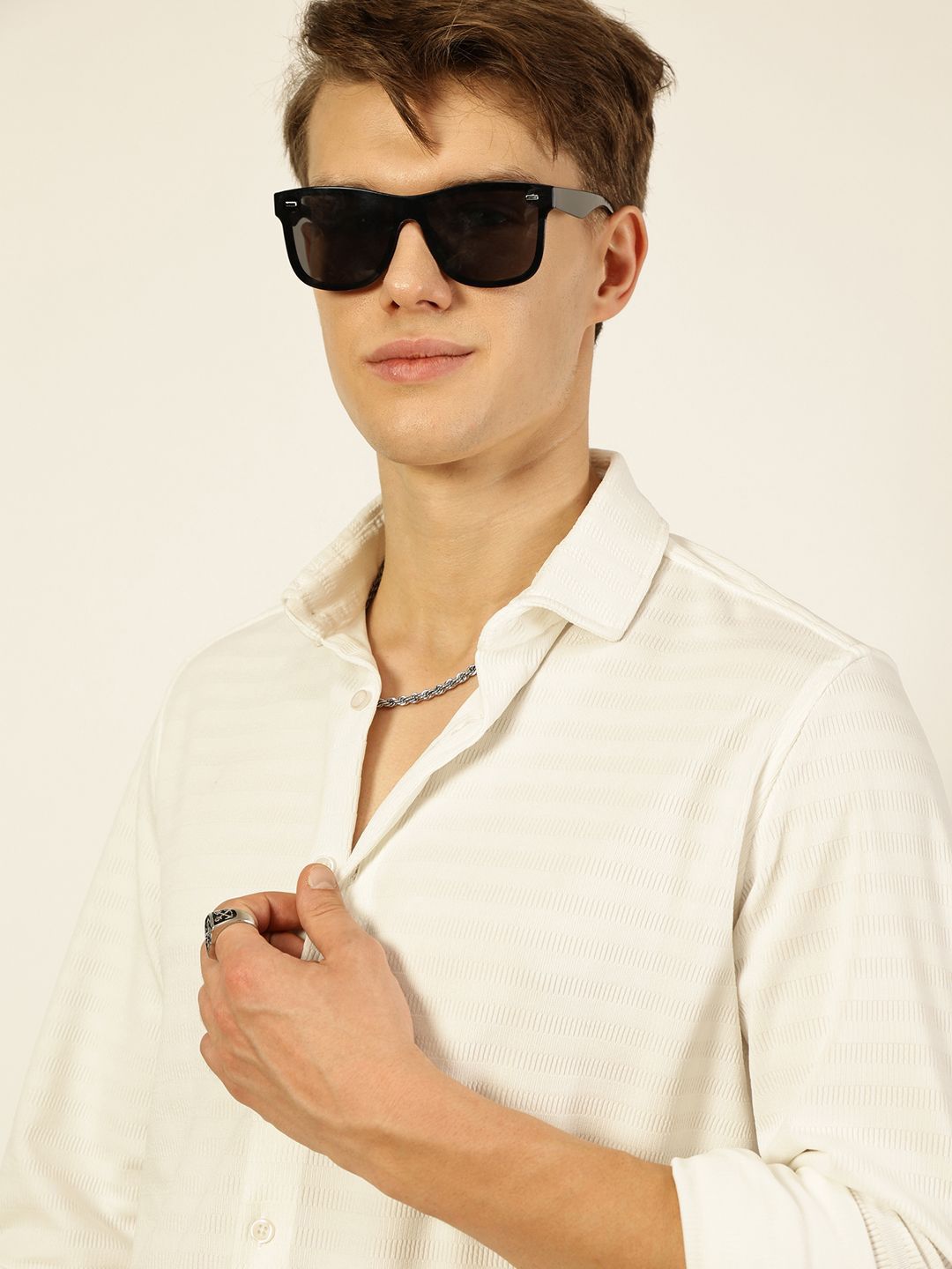 Thomas Scott Men Premium Spread Collar Horizontal Striped Casual Shirt