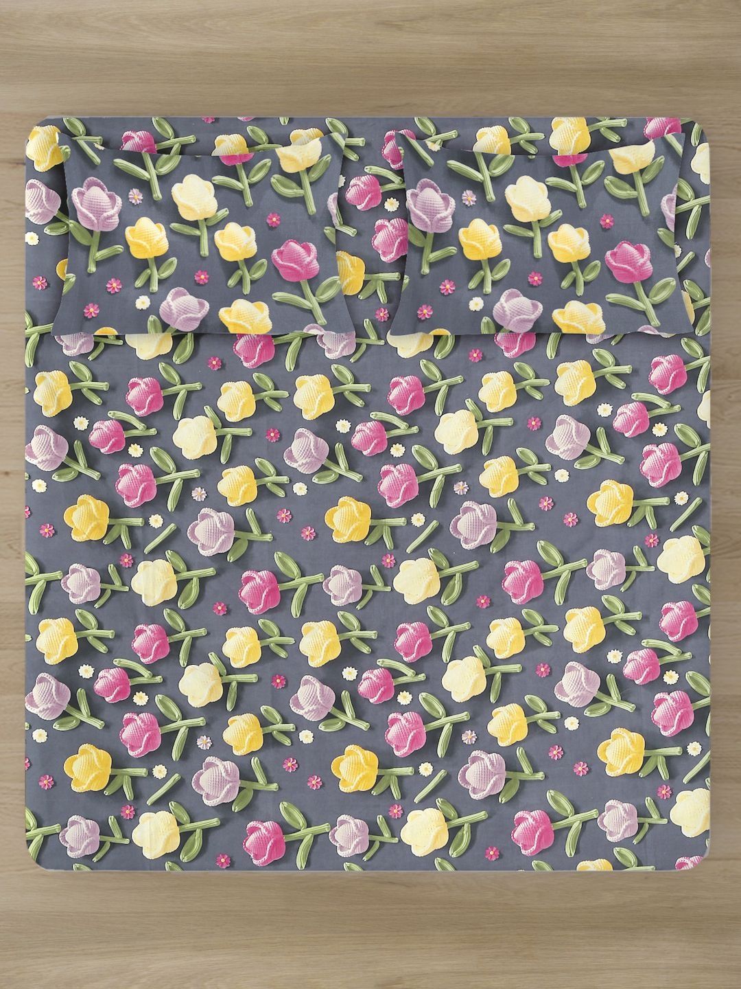 Myntra Elegant Grey Floral Printed Dilengkapi 300 TC 7D Cadar dengan 2 Sarung Bantal