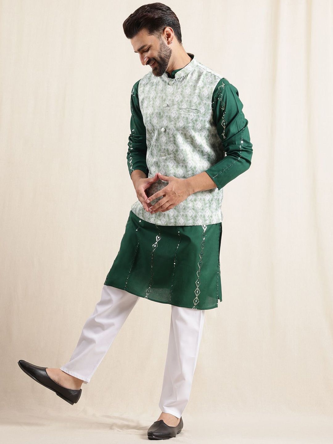 Anouk Men Geometric Embroidered Sequinned Pure Cotton Kurta & Pyjamas With Nehru Jacket