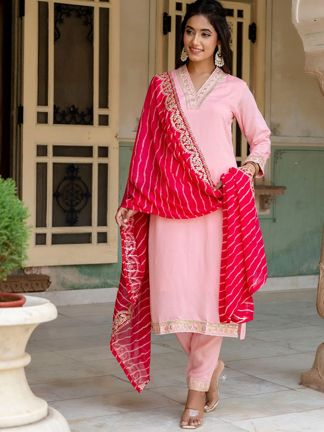 KALINI Floral Yoke Design Zari Gotta Patti Kurta with Trousers & Dupatta
