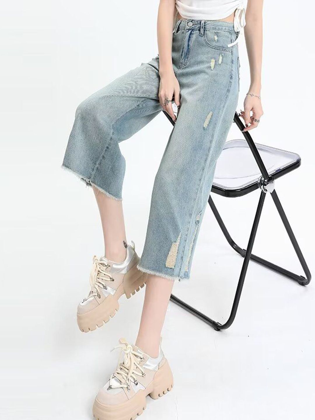 DressBerry Women Straight Fit Low Distress Light Fade Jeans