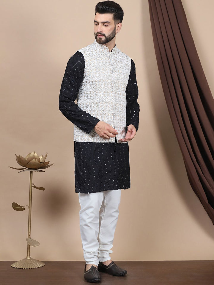 Anouk Floral Embroidered Sequinned Pure Cotton Straight Kurta With Churidar & Nehru Jacket