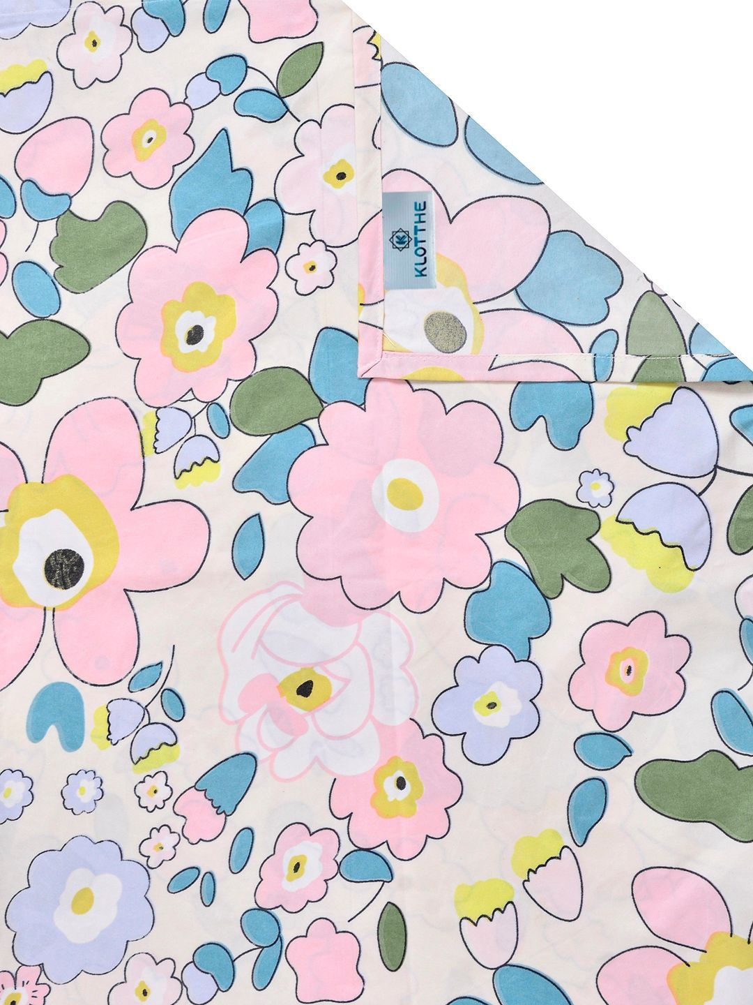 KLOTTHE Pink & Blue Floral Printed Flat 300 TC Double King Bedsheet With 2 Pillow Cover