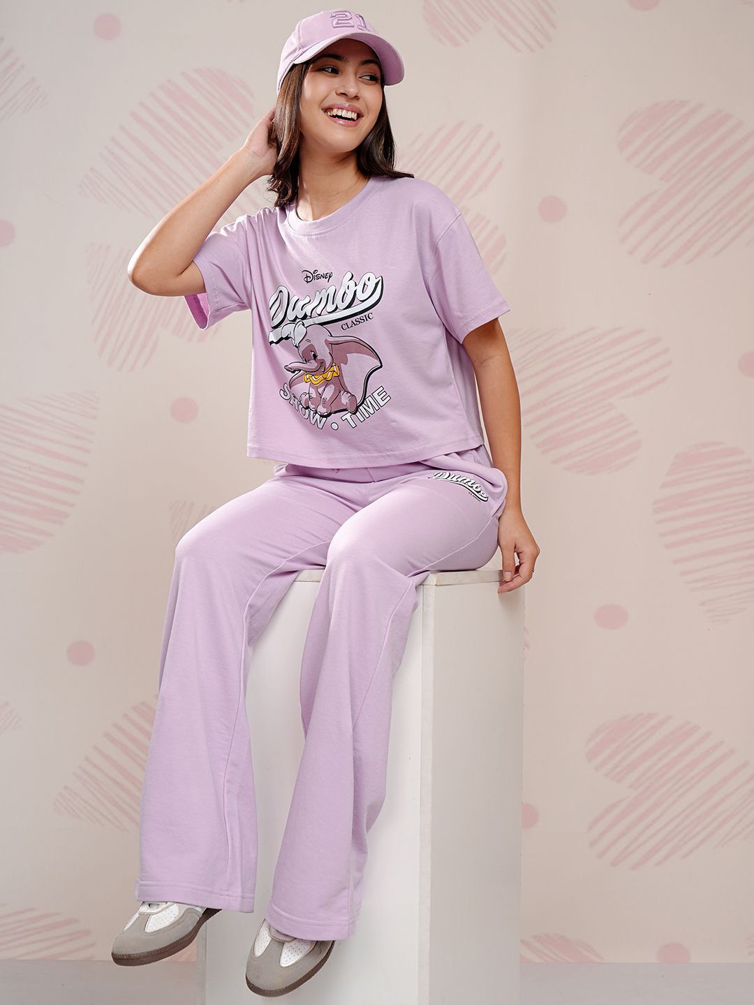 Tokyo Talkies Lavender Dumbo Printed Round Neck Short Sleeves T Shirt With Trouser