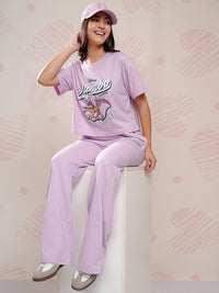 Tokyo Talkies Lavender Dumbo Printed Round Neck Short Sleeves T Shirt With Trouser