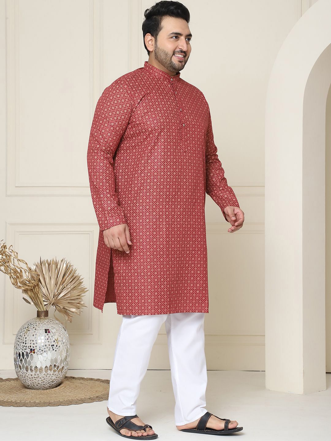 SOJANYA PLUS Floral Embroidered Thread Work Cotton Linen Straight Kurta with Pyjamas