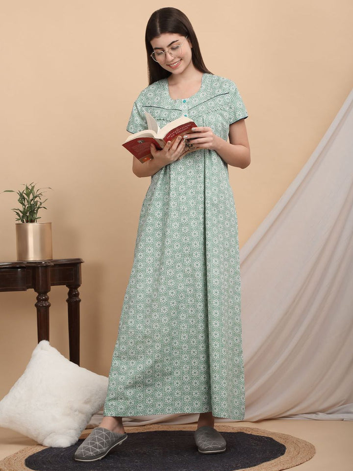 Sweet Dreams Ethnic Motifs Printed Pure Cotton Maxi Nightdress
