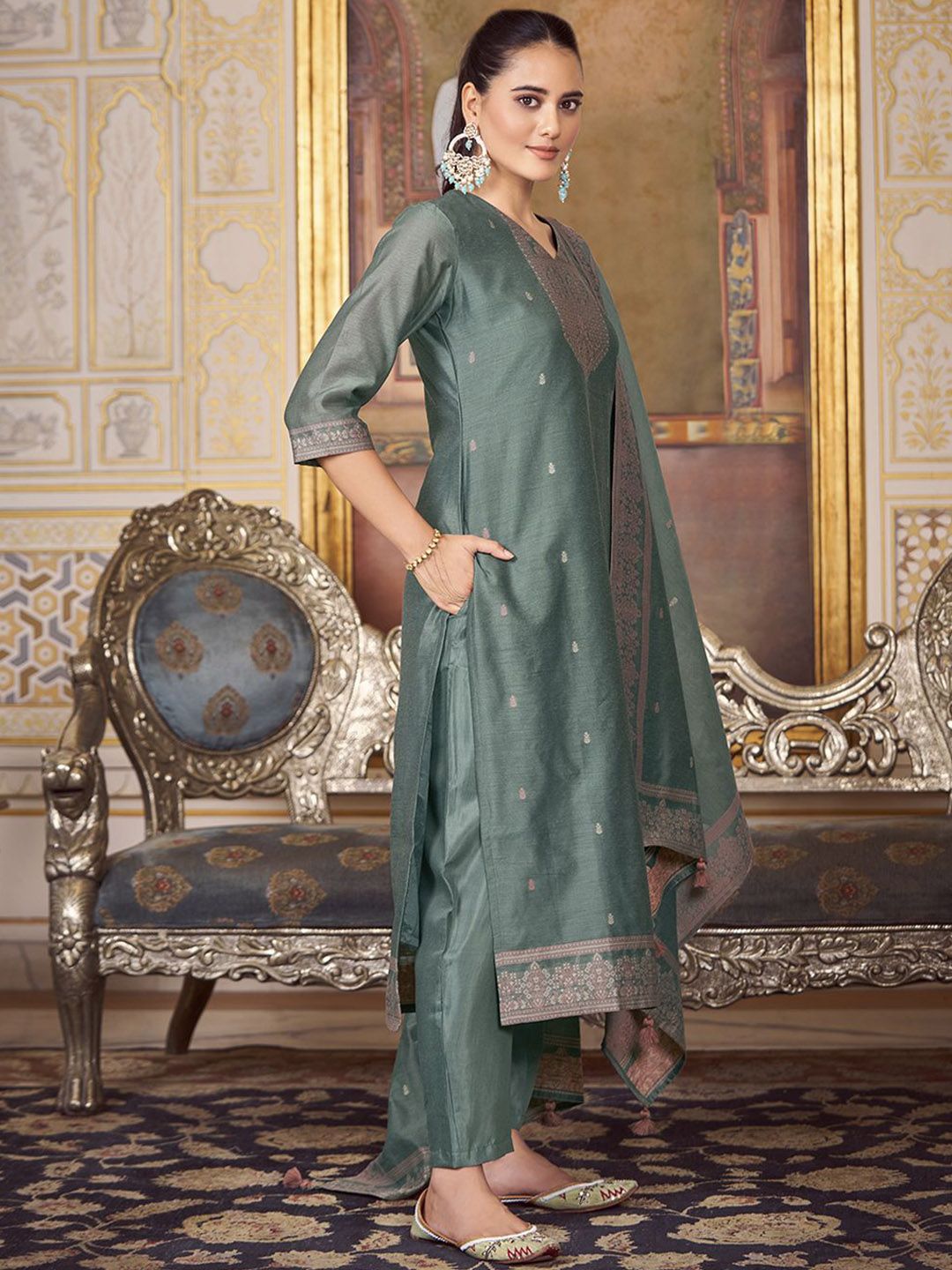 KALINI Women Woven Straight Silk Blend Kurta with Trousers & With Dupatta