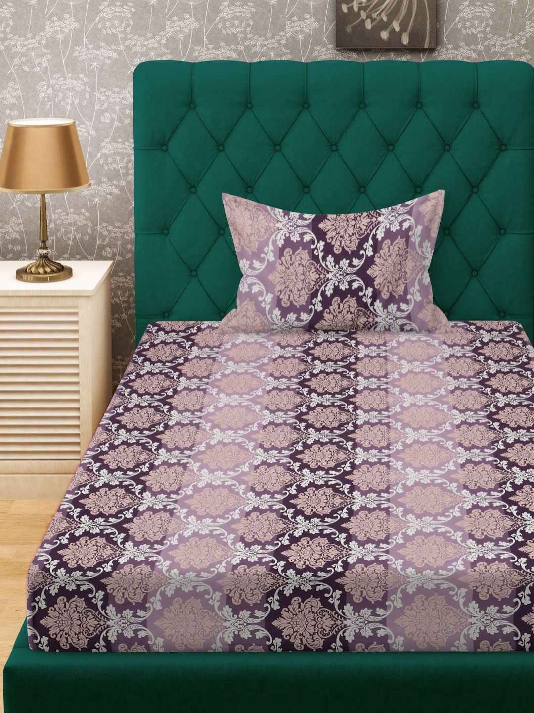 Myntra Elegant Homes Purple Ethnic Motifs Cotton Breathable 300 TC Single Fine Bedsheet with a Pillow Cover-89 x 59 inches