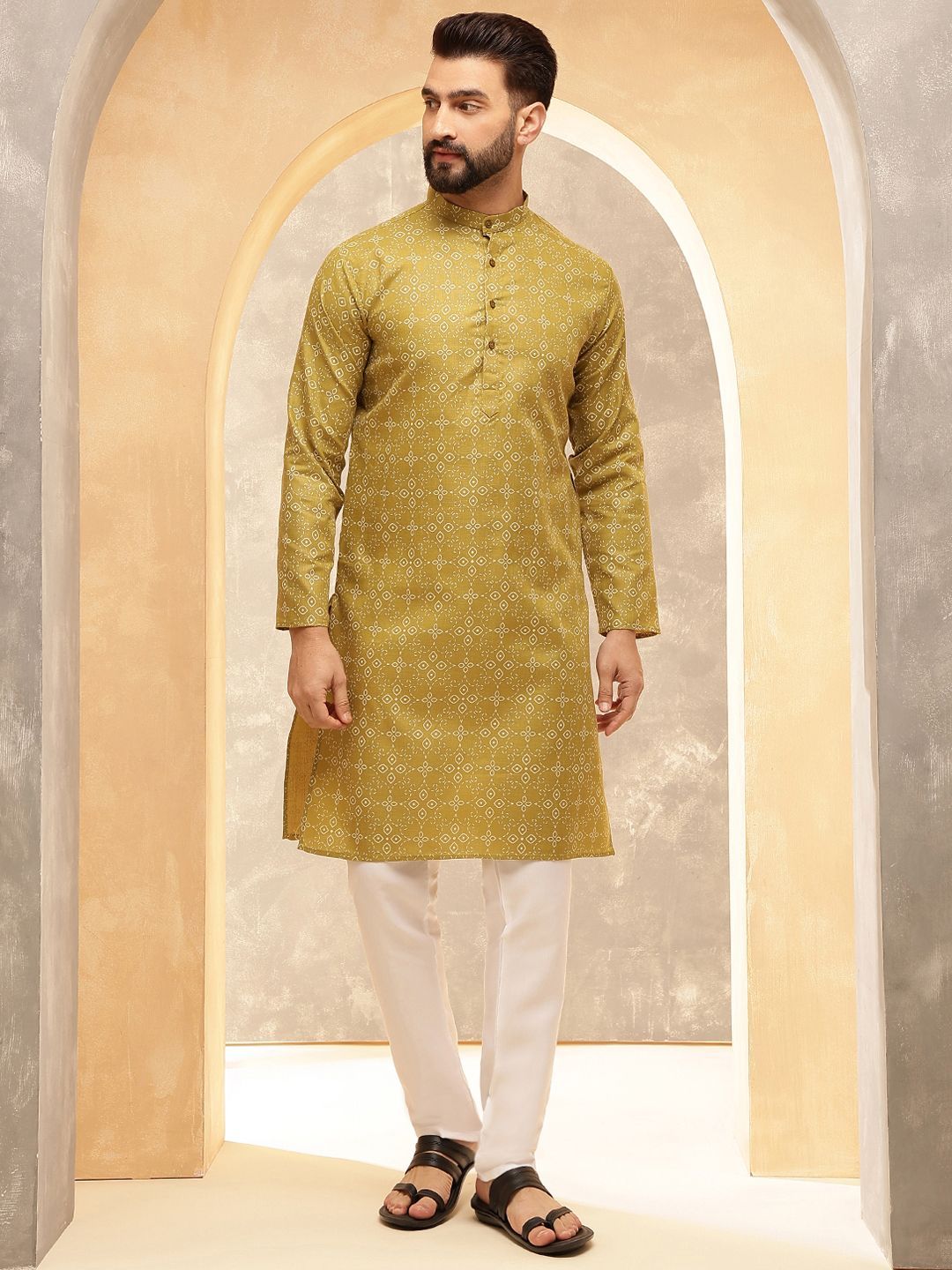 Anouk Olive Green Floral Printed Mandarin Collar Straight Kurta With Pajamas