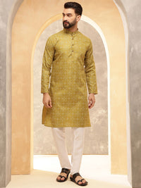 Anouk Olive Green Floral Printed Mandarin Collar Straight Kurta With Pajamas