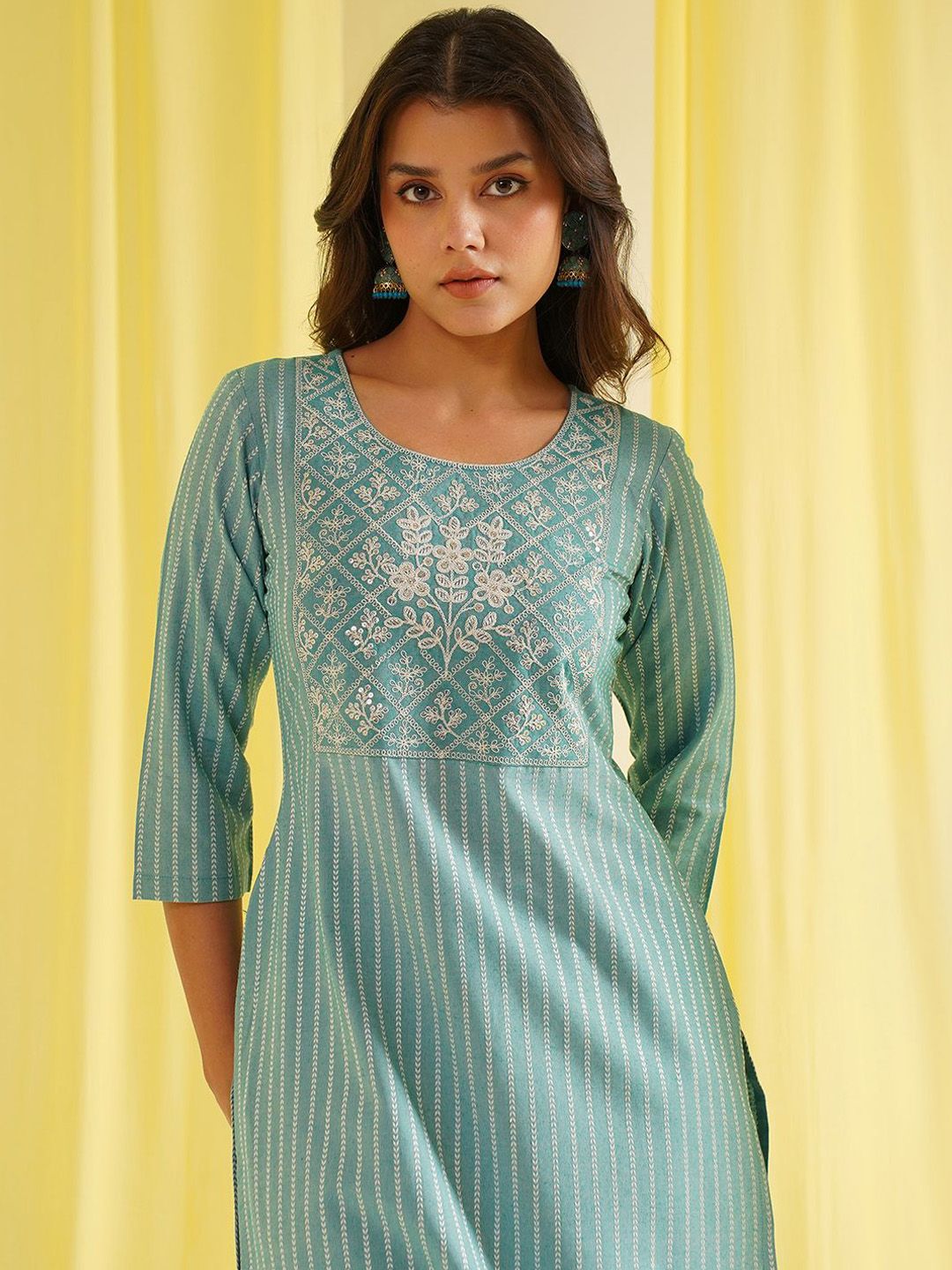 KALINI Women Striped Embroidered Kurta with Trousers