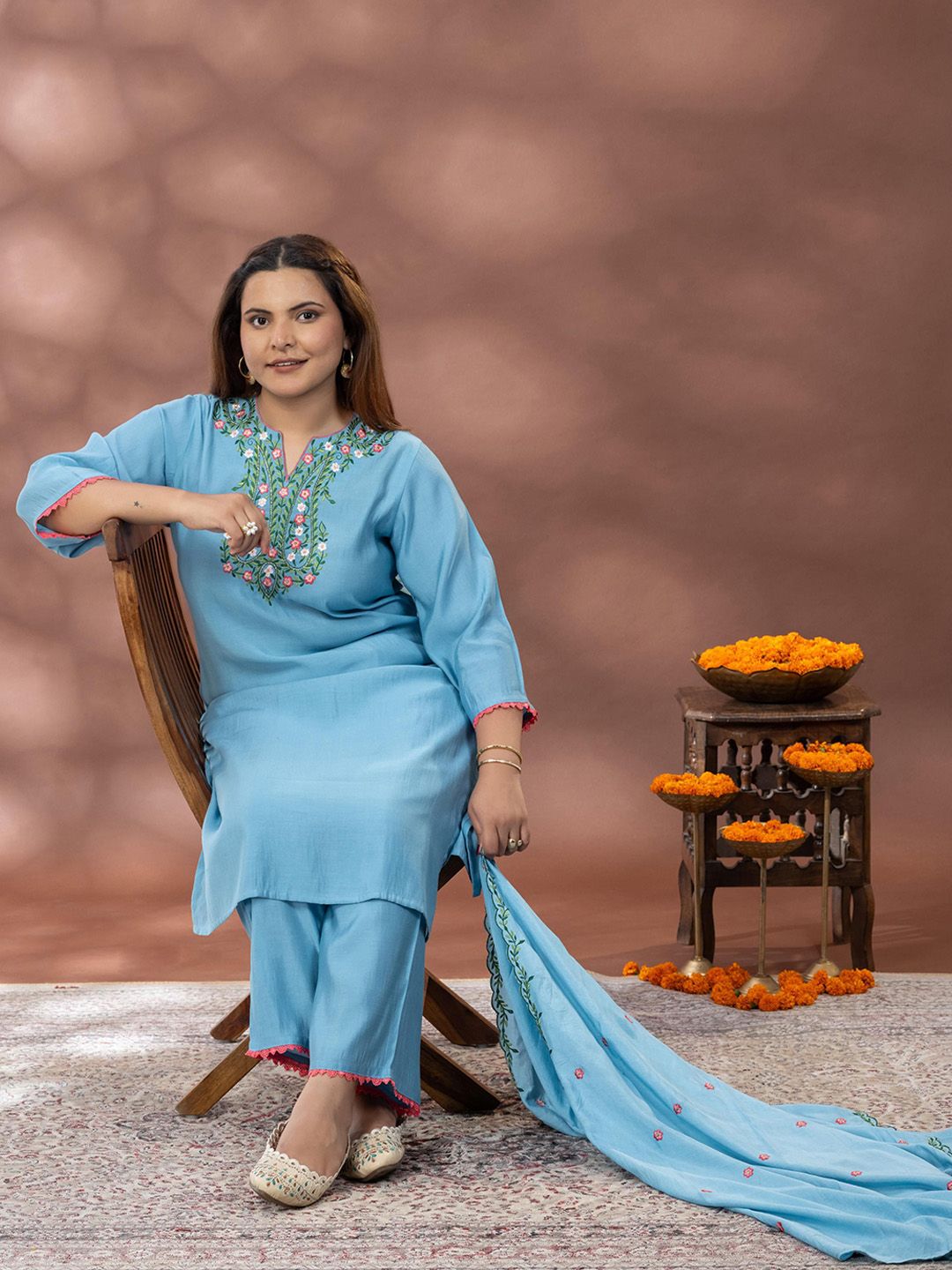 Kurta Sulam Bunga Wanita Mamicha dengan Palazzos & Dupatta