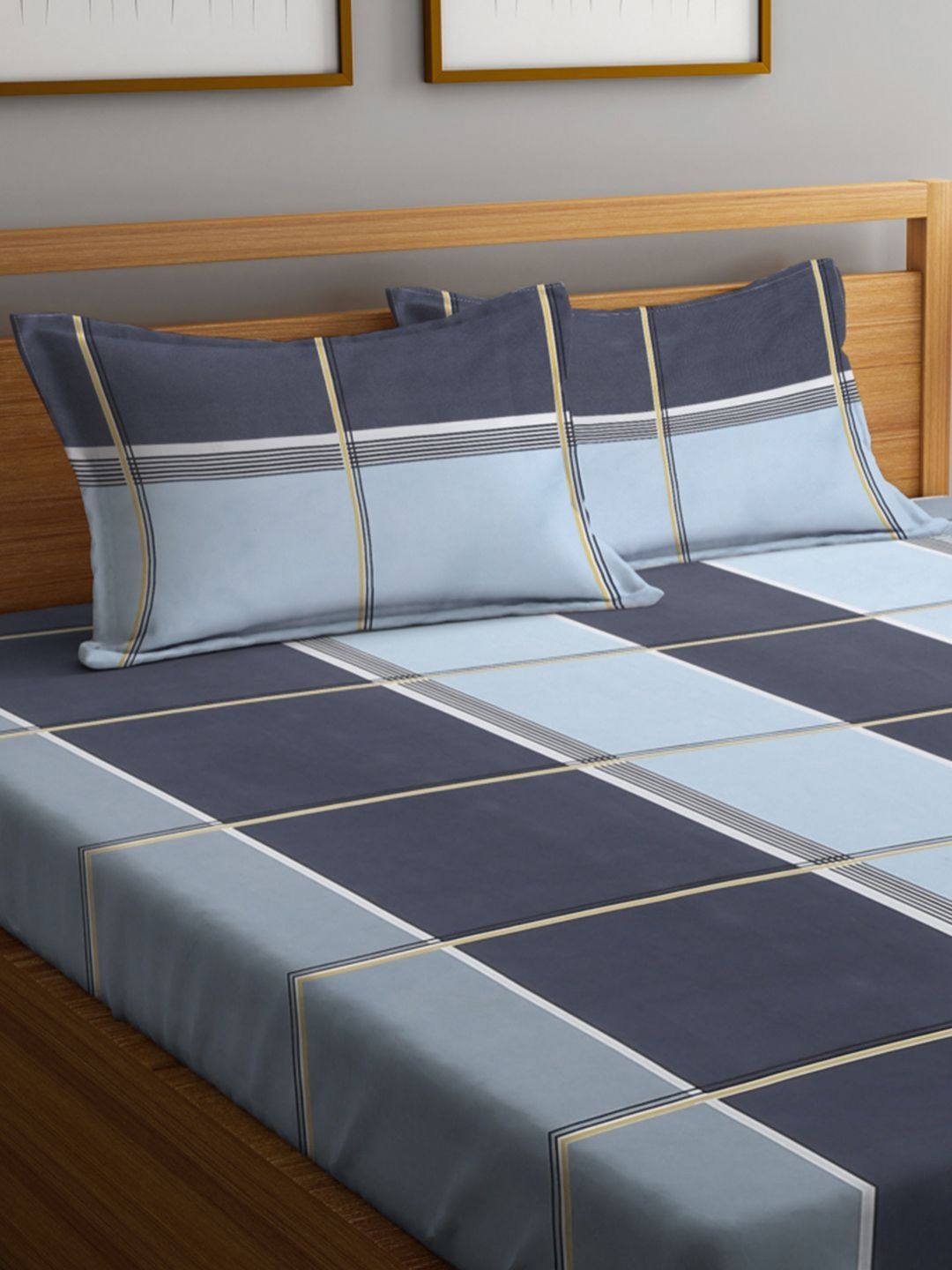 Myntra Elegant Homes Grey Checked Cotton 300 TC Fitted King Cadar Tempat Tidur Halus dengan 2 Sarung Bantal-98 x 87 inci