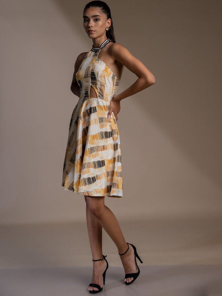 Mamicha Abstract Printed Halter Neck Crepe Fit & Flare Dress