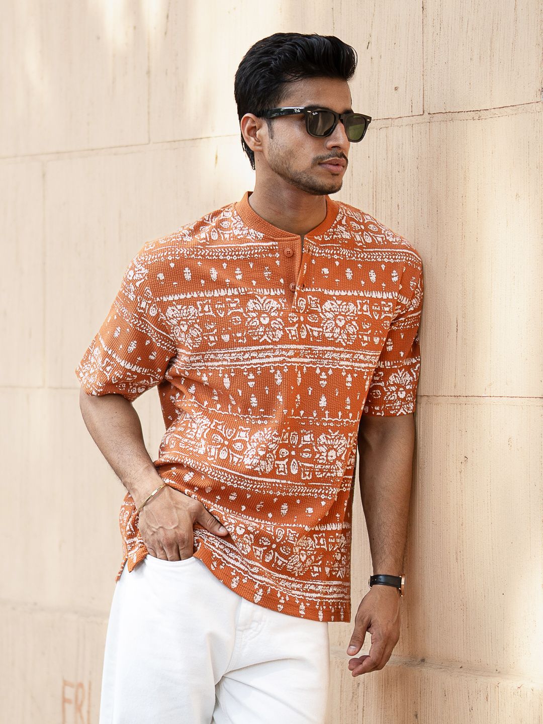 Powerlook Floral Printed Henley Collar Oversized T-shirt