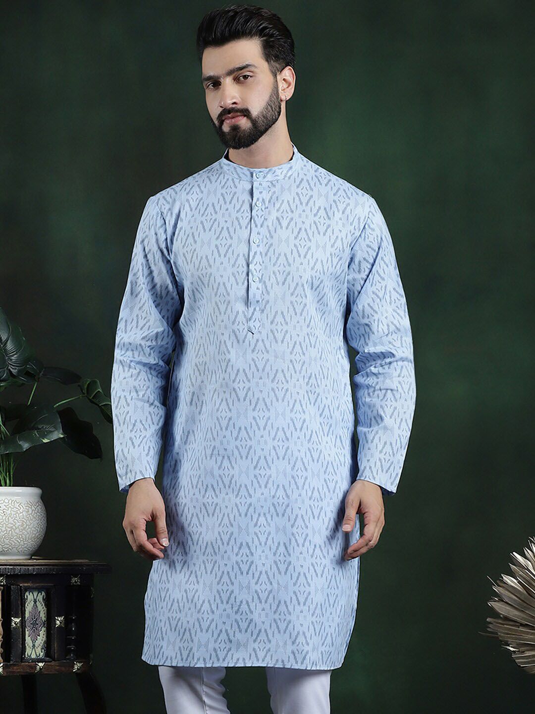 Anouk Blue Geometric Printed Mandarin Collar Long Sleeves Pure Cotton Kurta