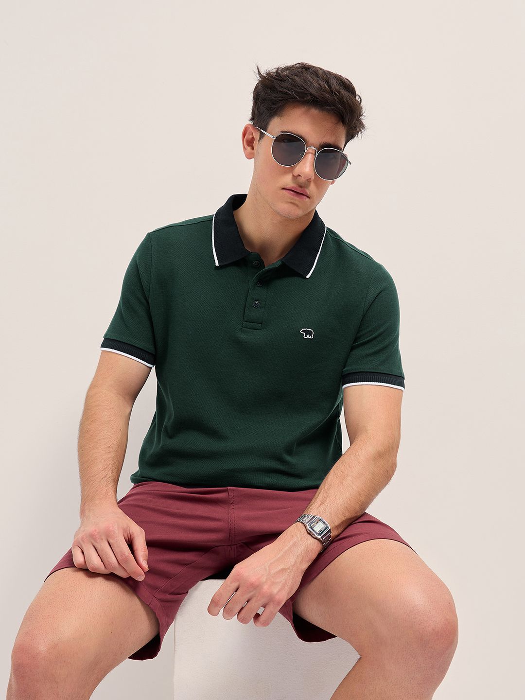 THE BEAR HOUSE Men Solid Polo Collar Cotton T-shirt