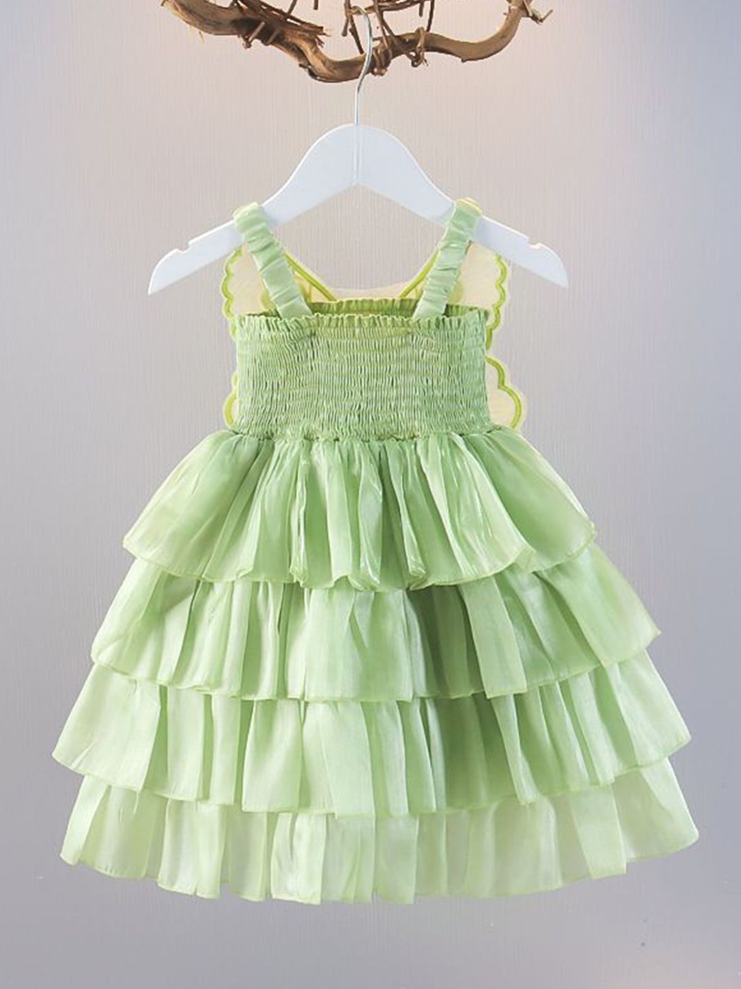 YK Girls Self Design Smocked Detail Shoulder Straps A-Line Layered Dress