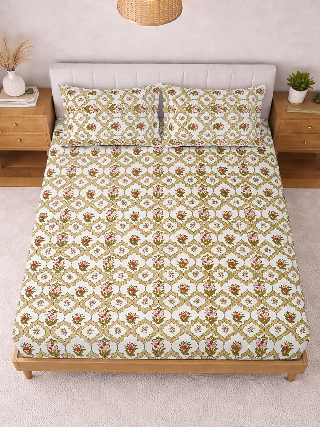 KLOTTHE Kuning & Hijau Bercetak 300 TC Cadar Katil Double Dengan 2 Sarung Bantal- 2.5 m x 2.25 m
