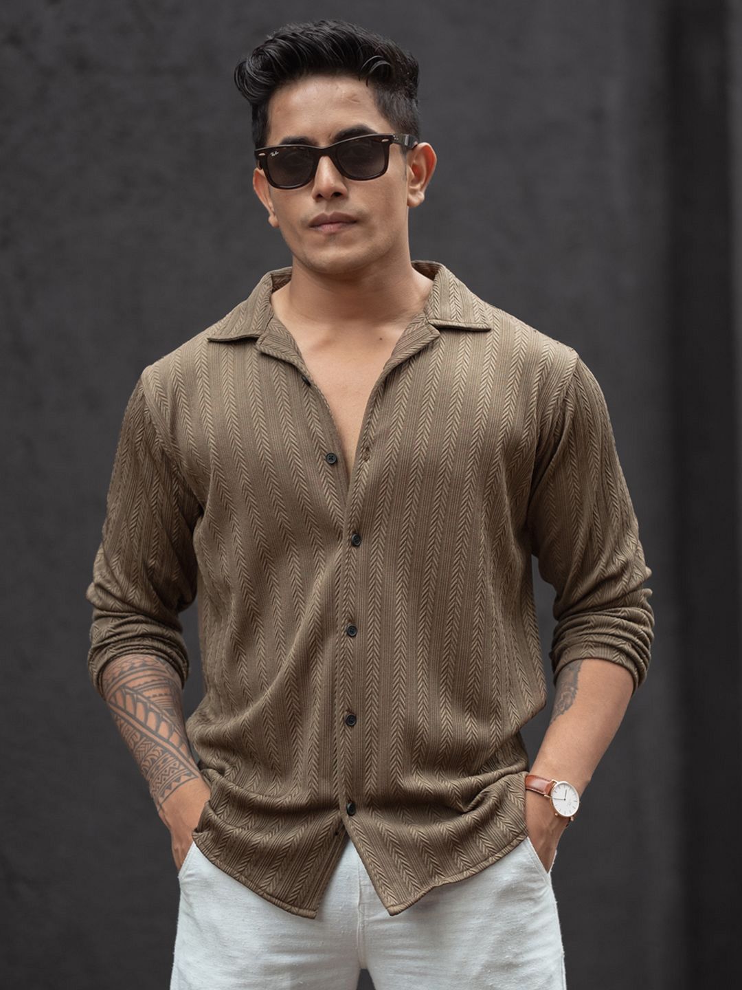 Powerlook Men Cuban Collar Textured Casual Shirt