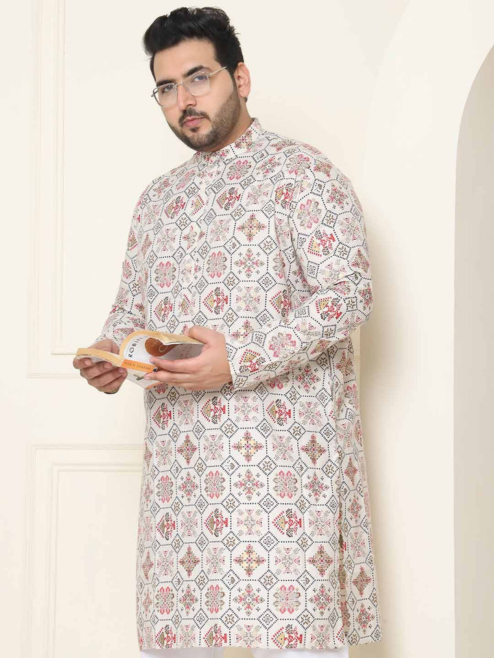 SOJANYA PLUS Ethnic Motifs Printed Band Collar Straight Cotton Linen Kurta