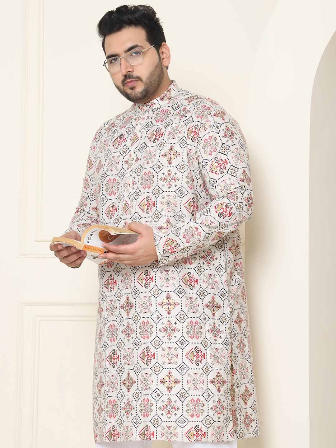 SOJANYA PLUS Ethnic Motifs Printed Band Collar Straight Cotton Linen Kurta
