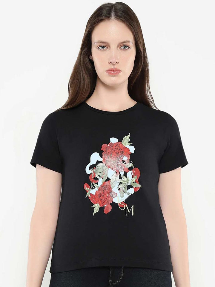 Rareism Wanita Grafik T-Shirt Leher Pusingan Dicetak