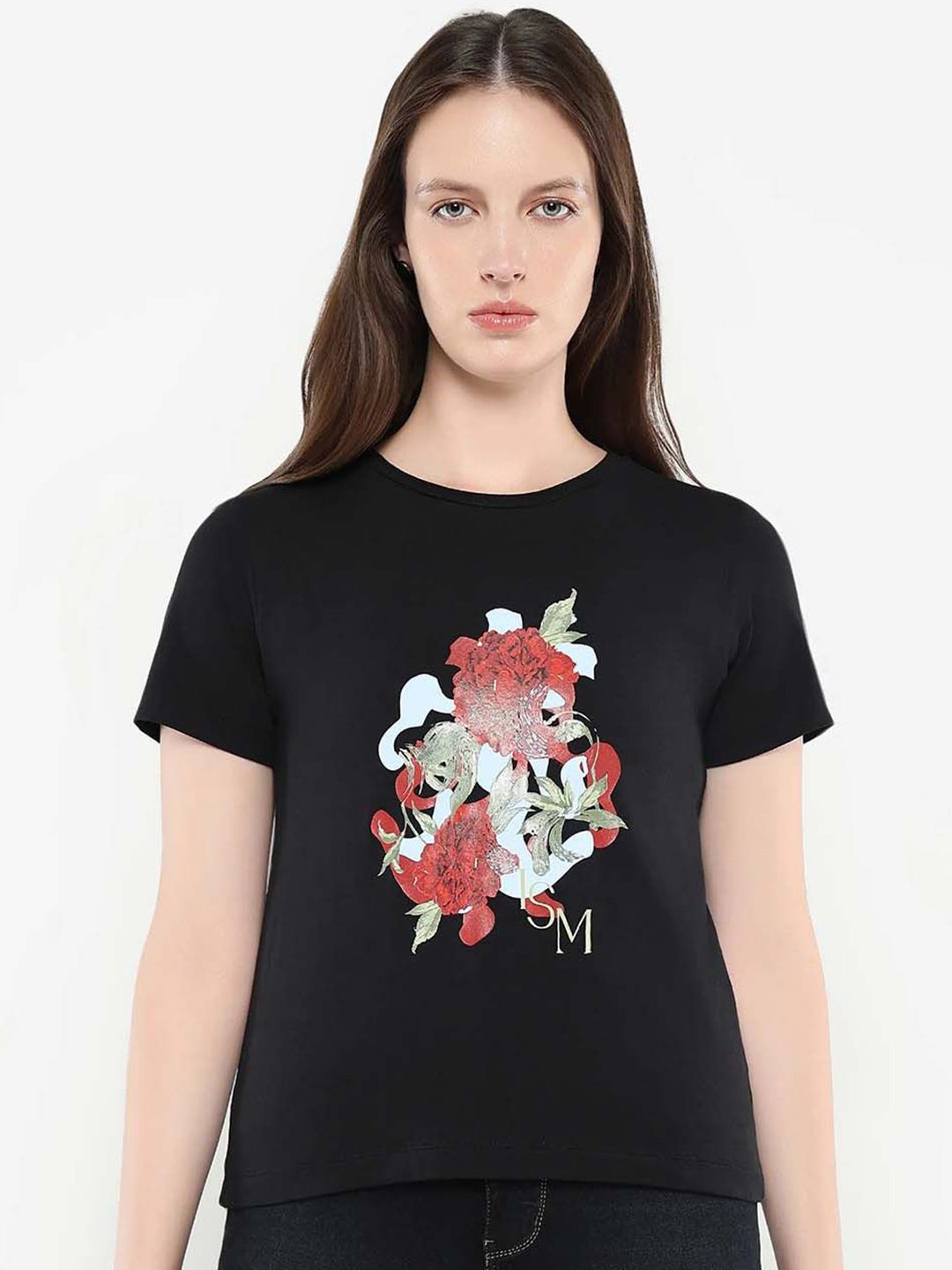 Rareism Wanita Grafik T-Shirt Leher Pusingan Dicetak