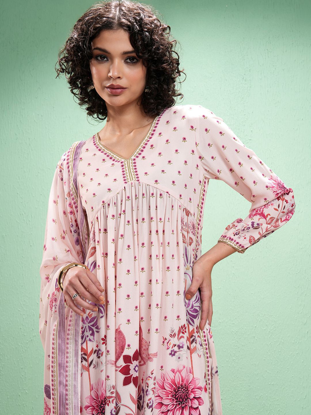 Vishudh Floral Printed V-Neck Empire A-Line Kurta With Trouser And Dupatta