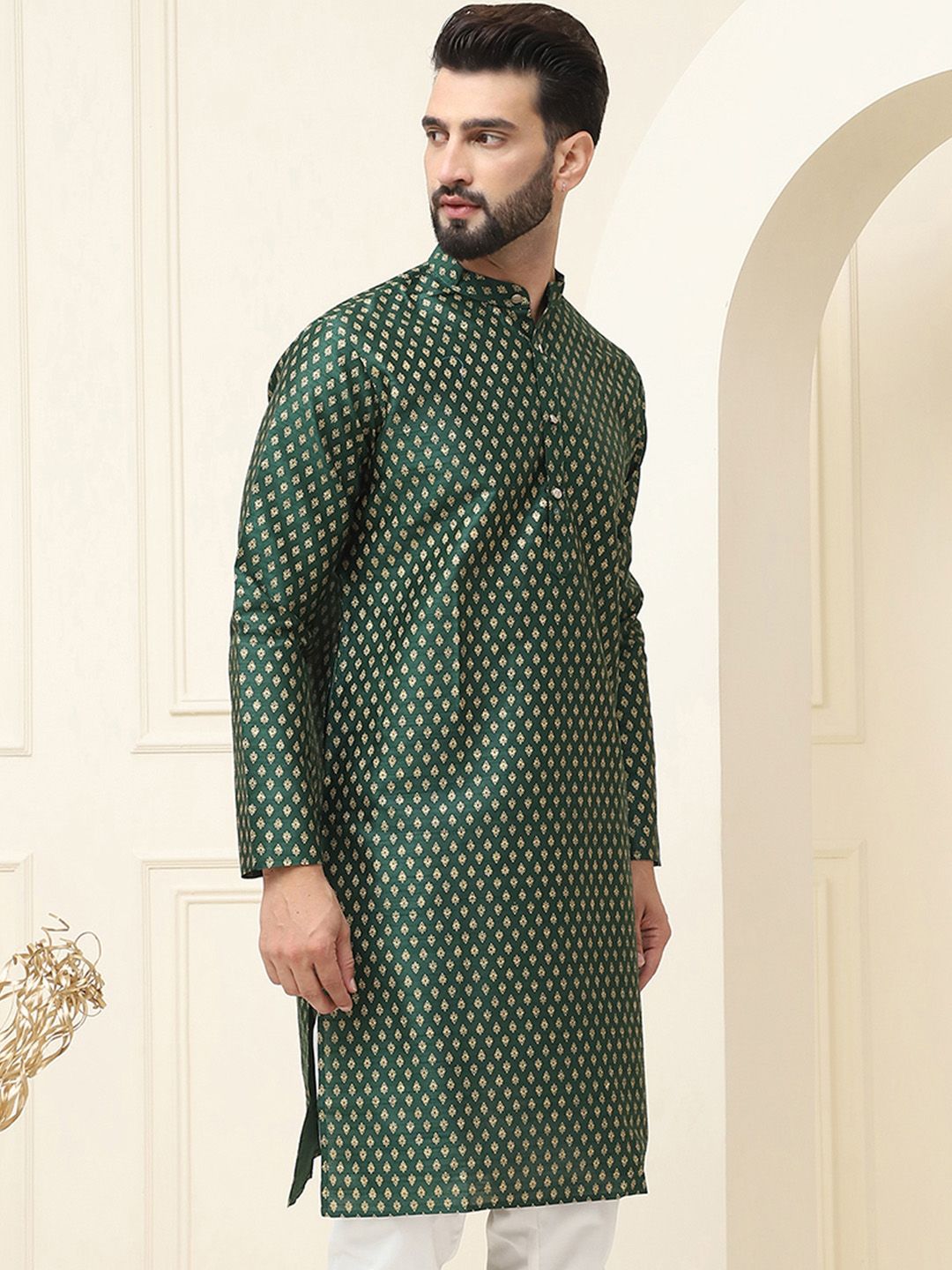 SOJANYA Ethnic Motifs Printed Band Collar Regular Silk Straight Kurta