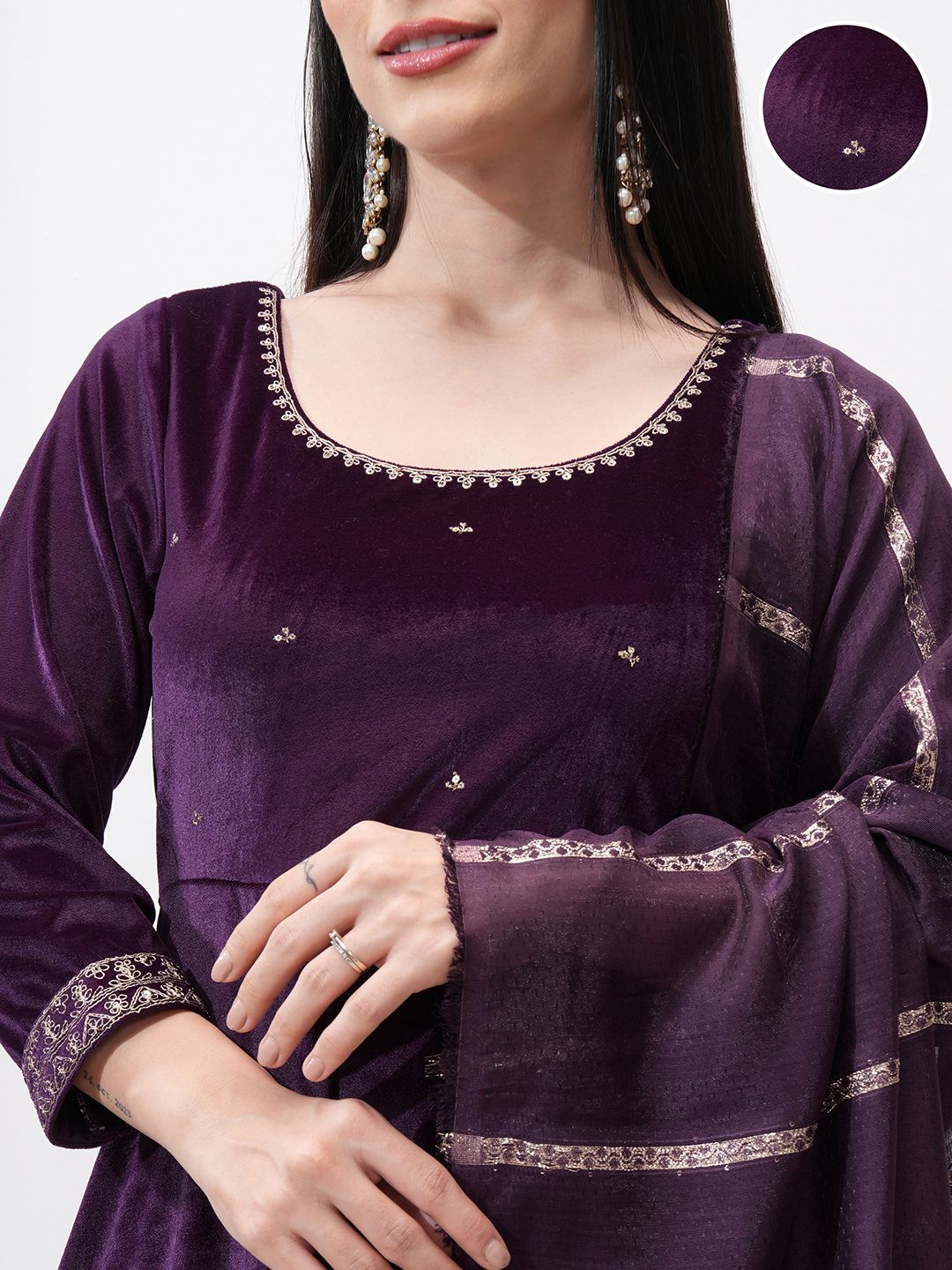 Vishudh Women Ethnic Motifs Embroidered Regular Kurta with Trousers & With Dupatta