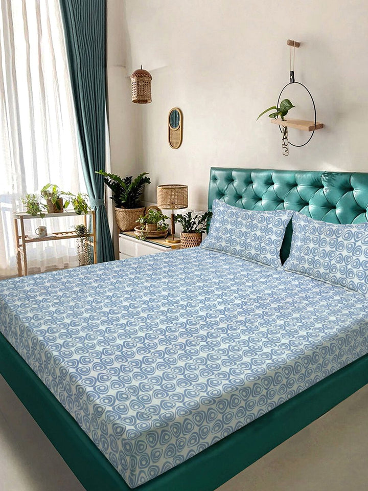 KLOTTHE Blue & White Printed Fitted 300 TC King Double Bedsheet With 2 Pillow Covers