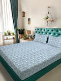 KLOTTHE Blue & White Printed Fitted 300 TC King Double Bedsheet With 2 Pillow Covers