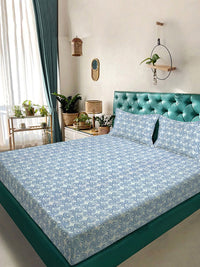 KLOTTHE Blue & White Printed Fitted 300 TC King Double Bedsheet With 2 Pillow Covers
